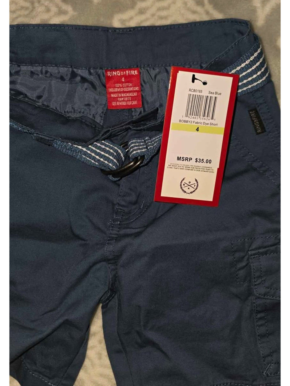 Ring of Fire Boys Blue Cotton Canvas Cargo Shorts Size 4 Belted Pockets